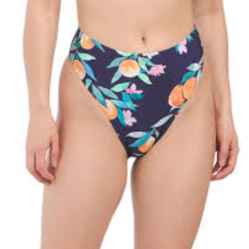 Sunshine 79 High Waisted Bikini Bottom Navy Floral Orange Size 12 NWT